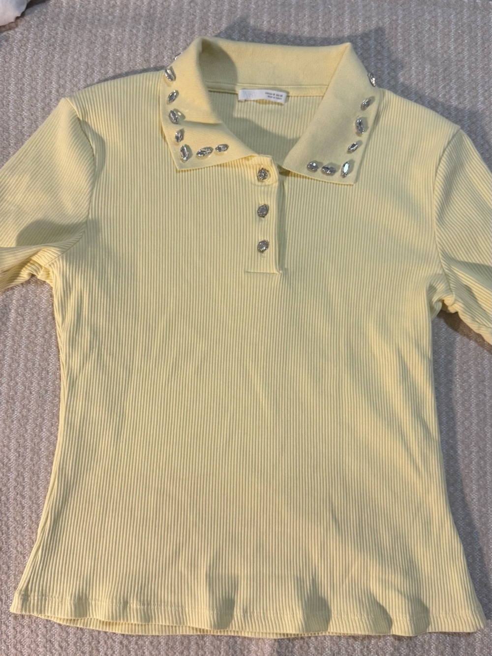 Zara Pale Yellow Ribbed Polo Top with Jewel Collar